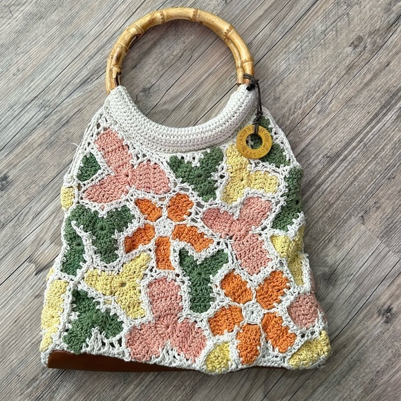 Vintage Caribbean Joe Crochet Floral Bamboo Purse Vegan Leather Detail - Picture 1 of 16